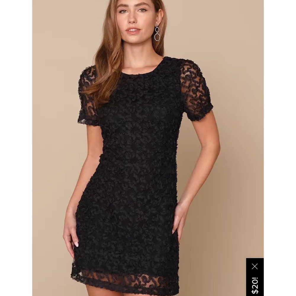 Lulus Black 3D Rosette Floral Mini Dress Short Puff Sleeve NWT Size S